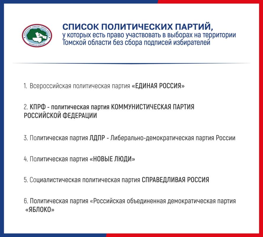 Список политических партий, у которых есть право участвовать на муниципальных выборах в Томской области и выборах депутатов Законодательной Думы Томской области восьмого созыва без сбора подписей избирателей
