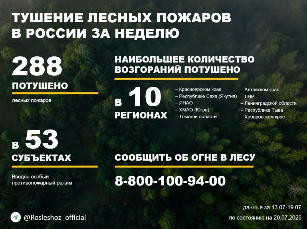 По данным Авиалесоохраны, подведомственной организации Рослесхоза, за прошедшую неделю потушено 288 лесных пожаров в 29 регионах России
