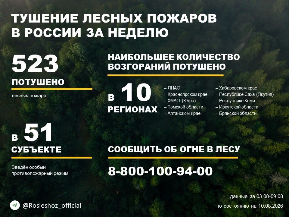 По данным Авиалесоохраны, подведомственной организации Рослесхоза, за прошедшую неделю потушено 523 лесных пожара в 30 регионах России